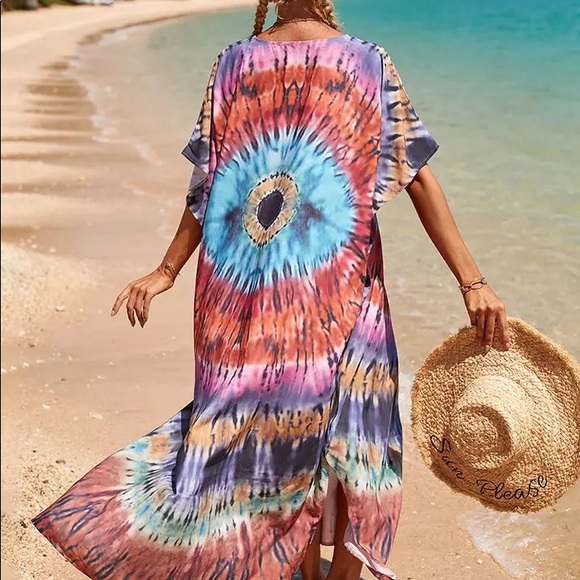 Boho Eye Tie Dye OverSized Maxi Beach Kaftan Dress Beach Coverup - Picture 6 of 6